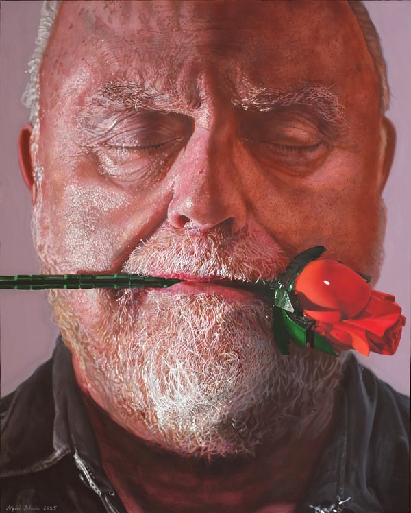 R.I.P. with RED LEGO ROSE ♥♥♥ /self-portrait/-2025-150X120 cm-acrylik on canvas