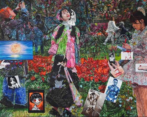 Sweet Japanese girls taking photos at Keukenhof botanical garden-2025-120x150cm-acrylik on canvas